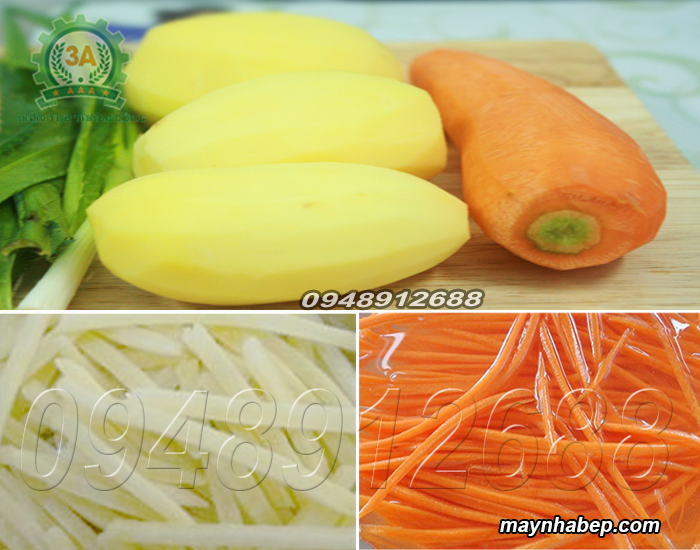 Khoai tây, cà rốt được cắt thành sợi bằng Máy cắt sợi rau củ 1,5Kw